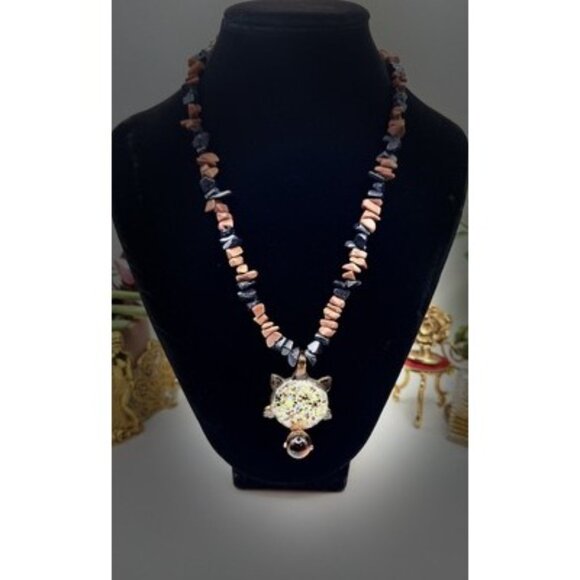 Golden And Black Rain Stone Necklace And Tortoise Murano Art Pendant Pretty - Picture 3 of 9